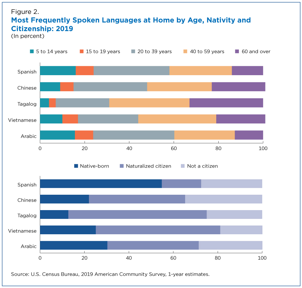 Figure 2. Most Frequently Spoken Languages at Home by Age, Nativity and Citizenship: 2019