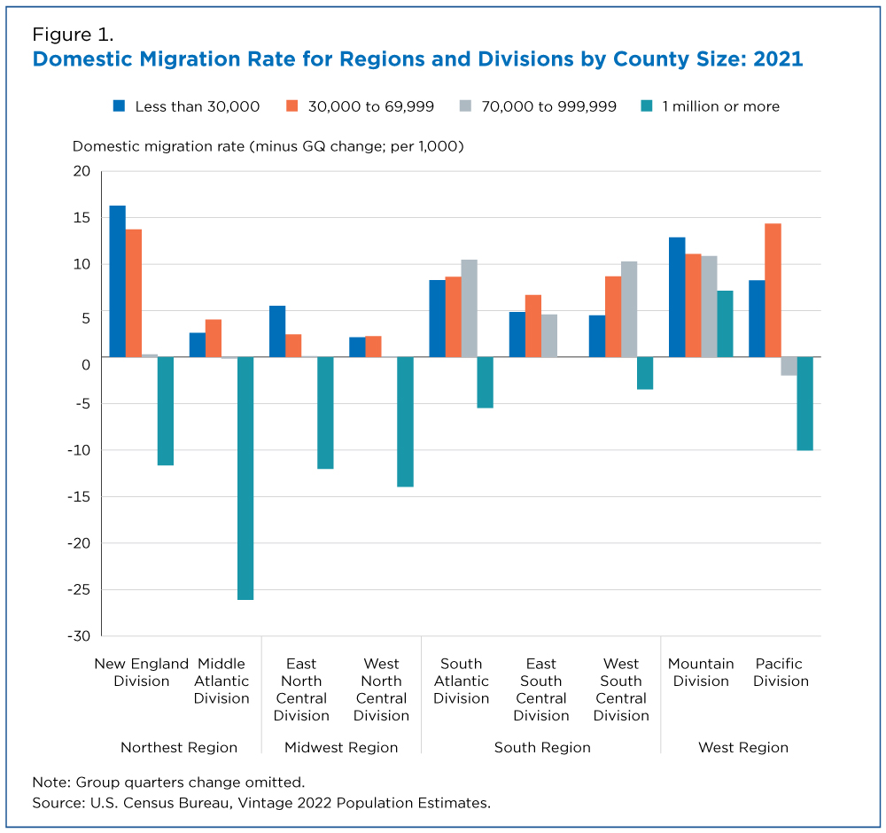 Figure 1. Domestic Migration Rate for Regions and Divisions by County Size: 2021