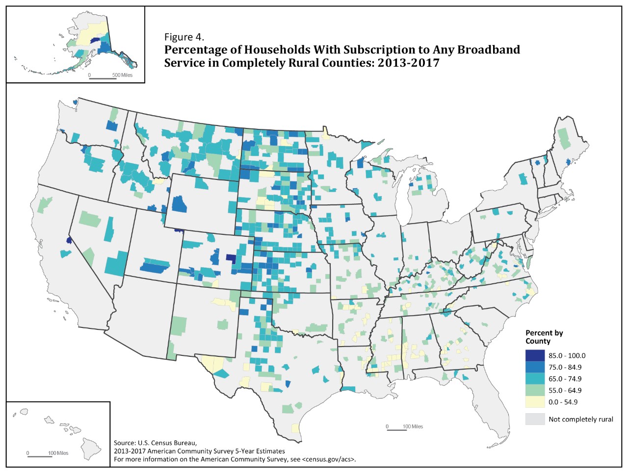 Figure 4. Percentage of Households With Subscription to Any Broadband Service in Completely Rural Counties: 2013-2017