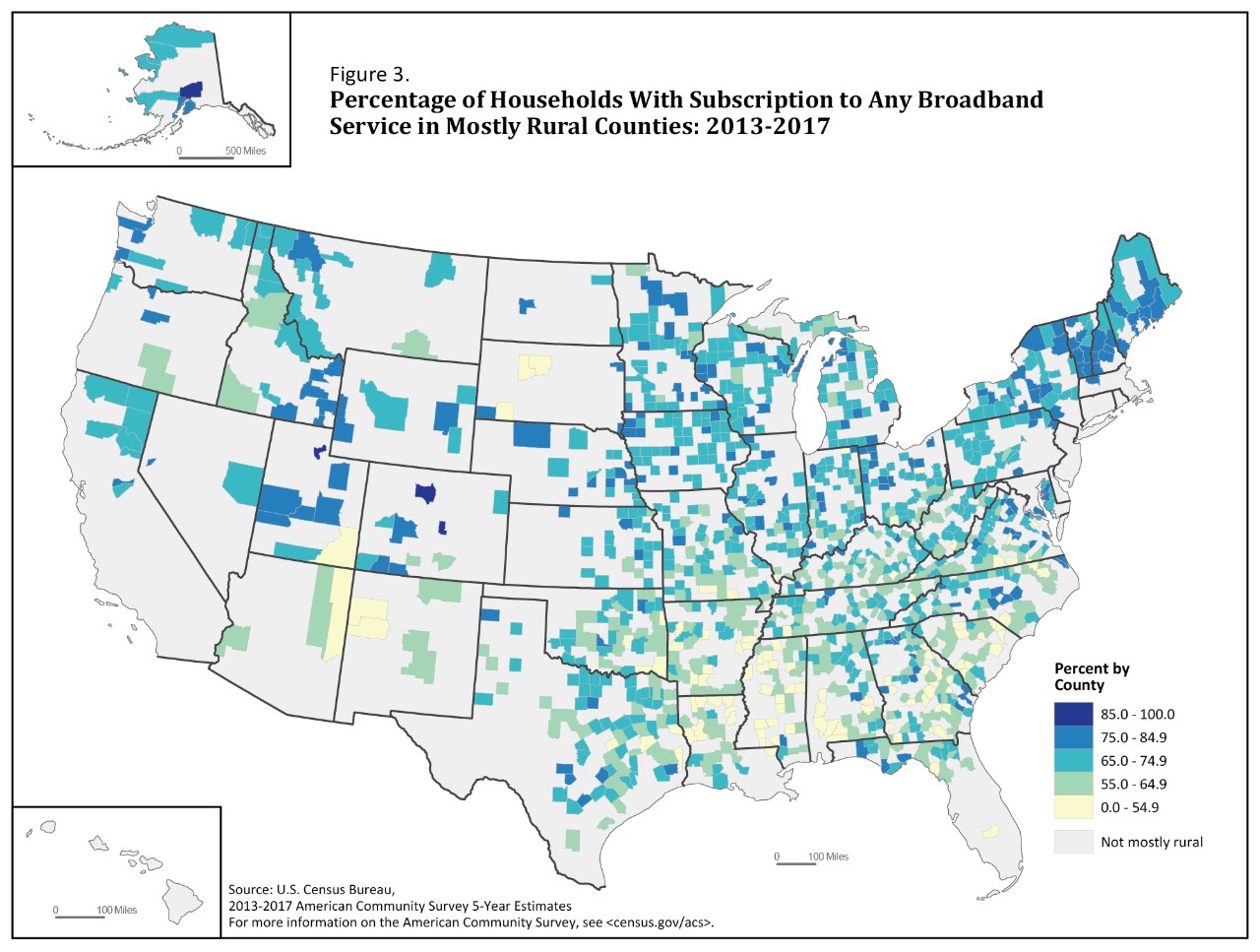 Figure 3. Percentage of Households With Subscription to Any Broadband Service in Mostly Rural Counties: 2013-2017