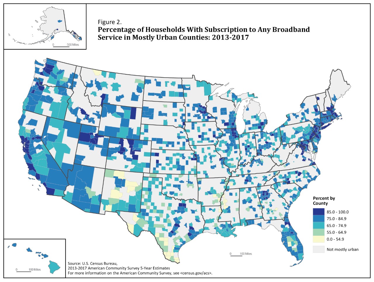 Figure 2. Percentage of Households With Subscription to Any Broadband Service in Mostly Urban Counties: 2013-2017