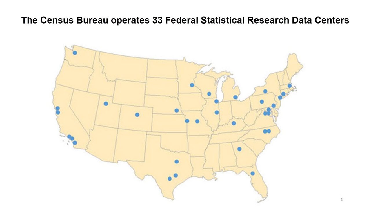 A map of the United States showing the locations of the 33 Federal Statistical Research Data Centers operated by the Census Bureau.
