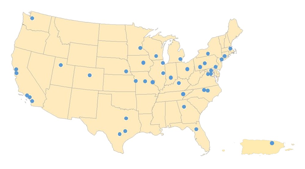 Map of the United States with the 34 FSRDC locations.