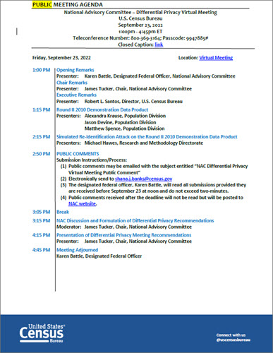 Agenda - NAC Differential Privacy Virtual Meeting September 23, 2022