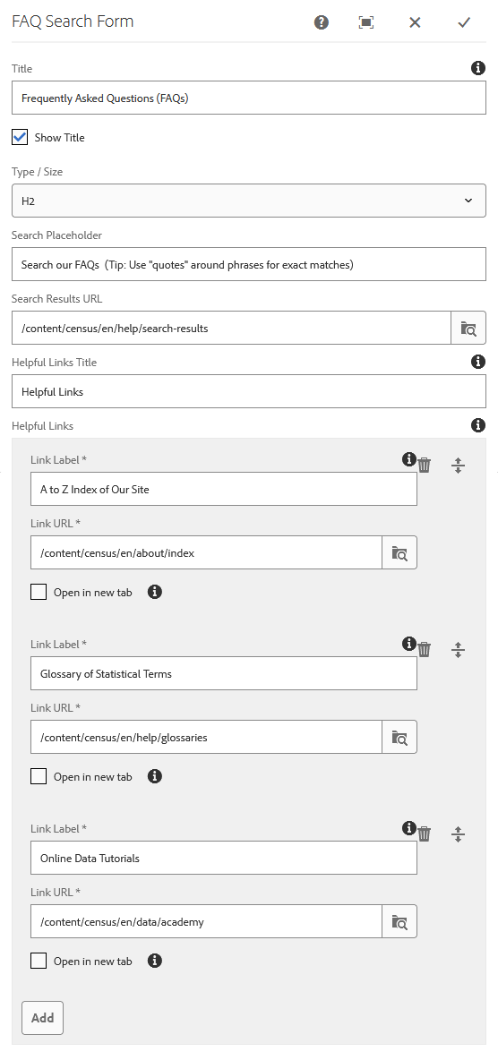 FAQ Search Form Configure Dialog