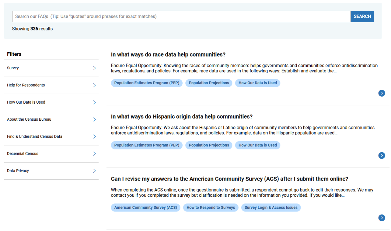 FAQ Search Results with Filter List
