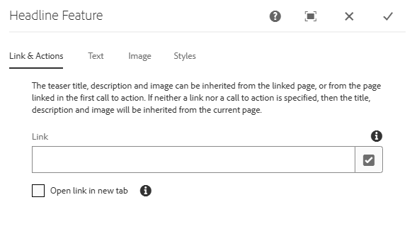 Headline Feature Configure Dialog: Link & Actions
