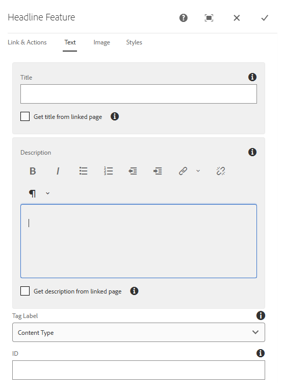 Headline Feature Configure Dialog: Text