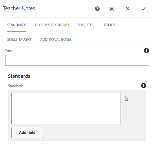 Teacher Notes Dialog Box: Standards