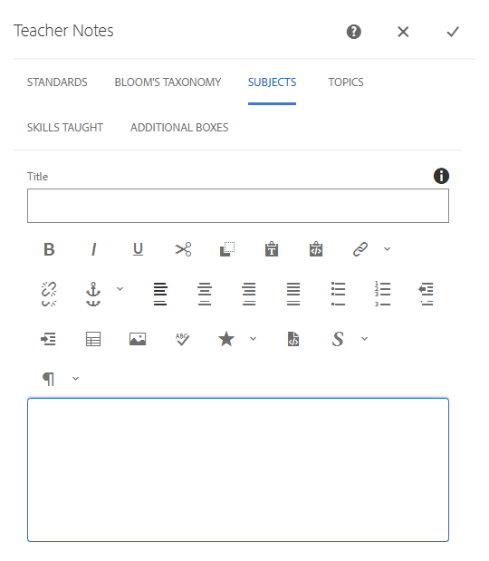Teacher Notes Dialog Box: Subjects