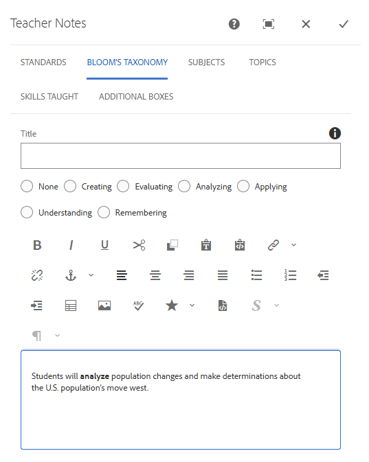 Teacher Notes Dialog Box: Bloom's Taxonomy