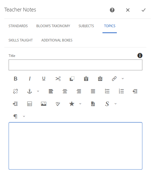 Teacher Notes Dialog Box: Topics