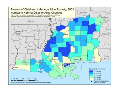 Percent of Children Under Age 18 in Poverty, 2003: Hurricane Katrina Disaster Area Counties