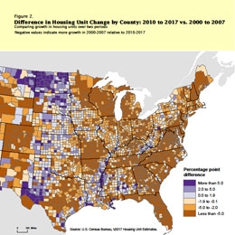 Figure 2. Difference in Housing Unit Change by County: 2010 to 2017 vs. 2000 to 2007