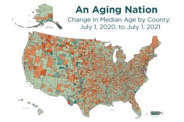 An Aging Nation - Change in Median Age by County: July 1, 2020 to July 1, 2021