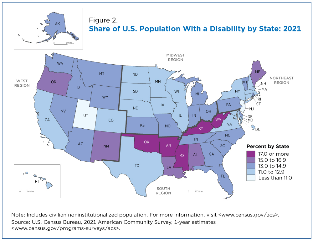 Disability rates by state U.S. 2021