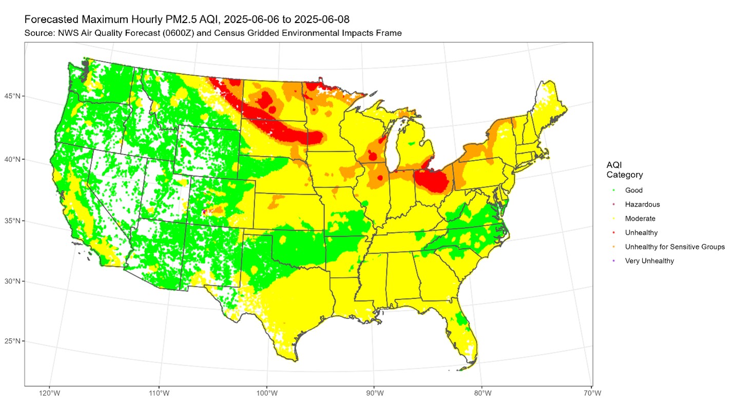 Forecasted Maximum Hourly PM2.5 AQI, 2025-06-06 to 2025-06-08