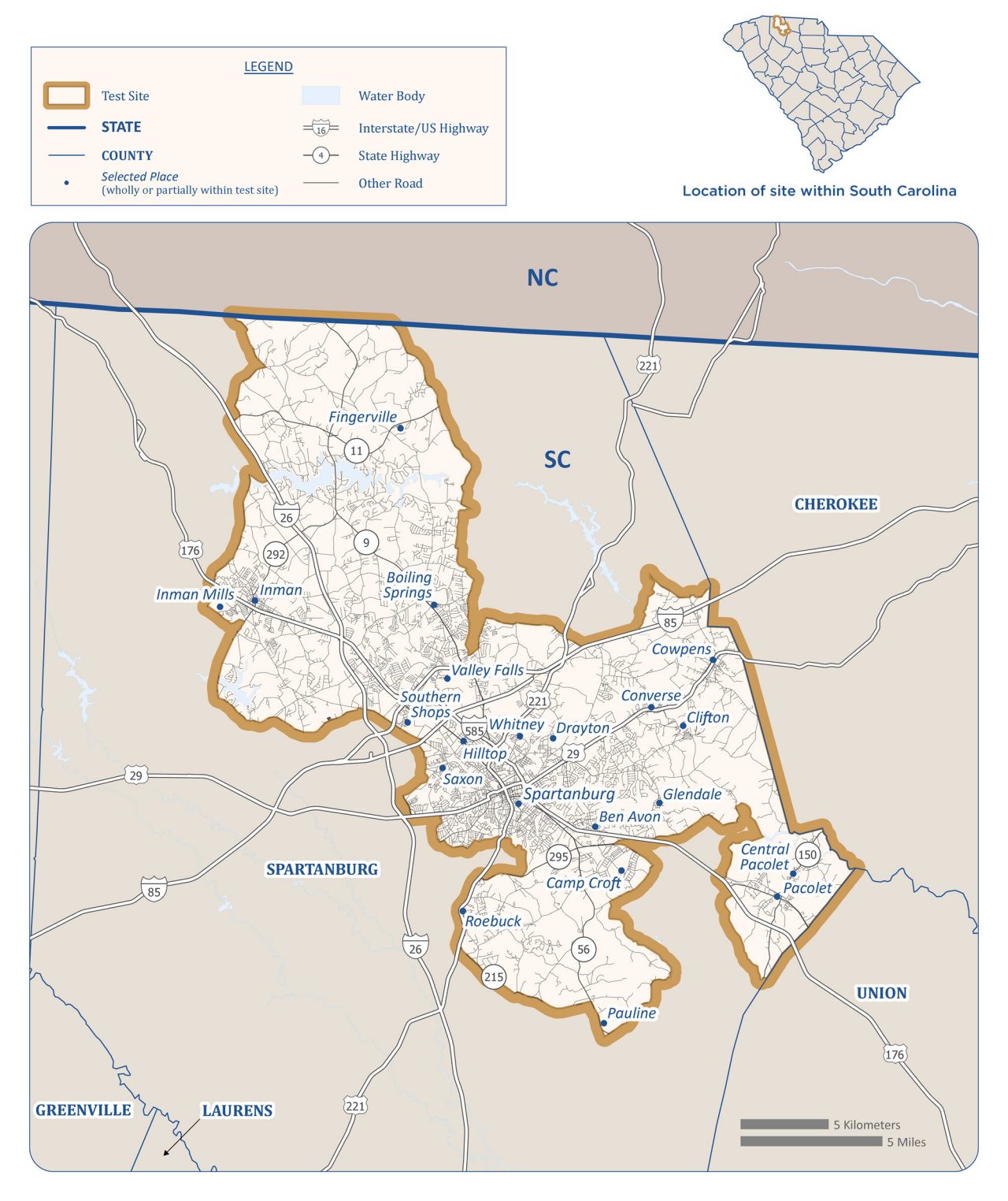 Map of Spartanburg, SC Test Site