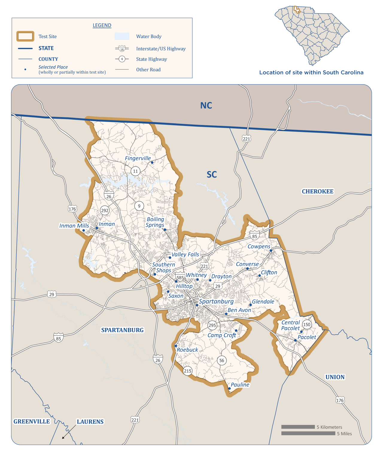 Map of Spartanburg, South Carolina Test Site