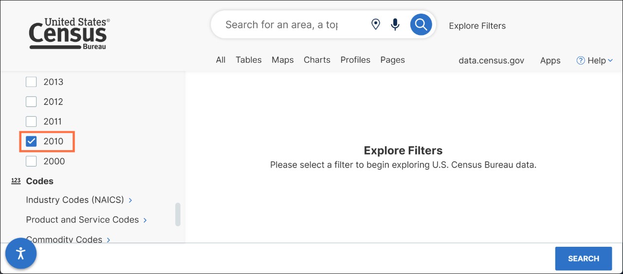 How can I compare Census data from 2020 to 2010 on data.census.gov? Image