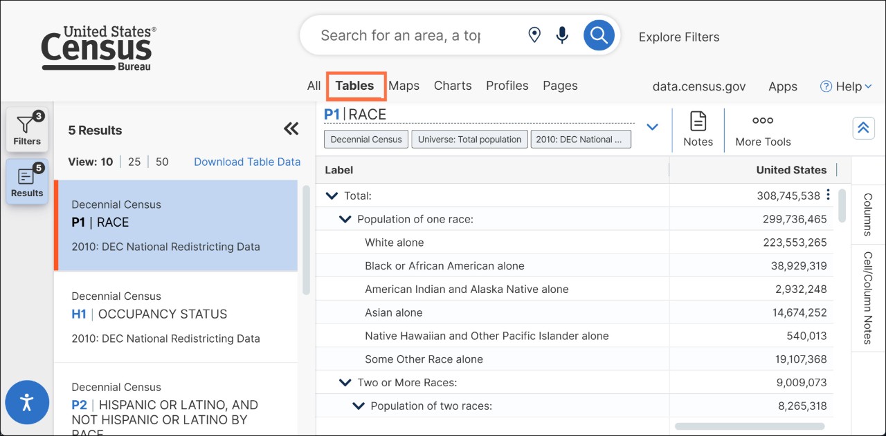 How can I compare Census data from 2020 to 2010 on data.census.gov? Image