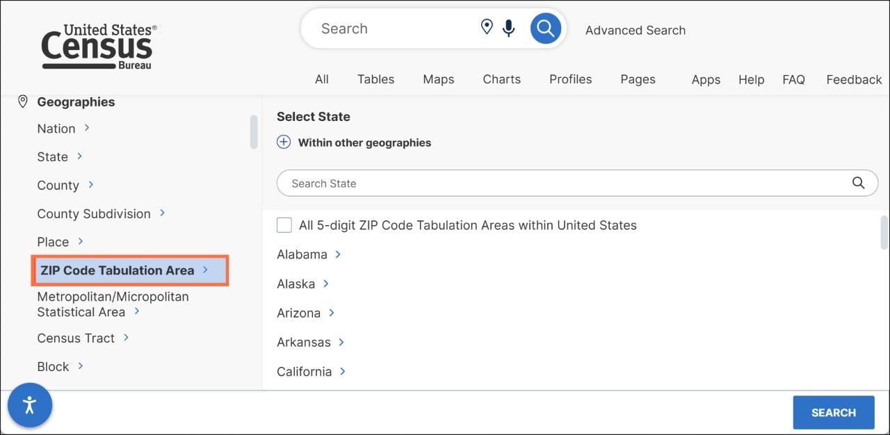 How can I find data for ZIP Codes on data.census.gov? Image