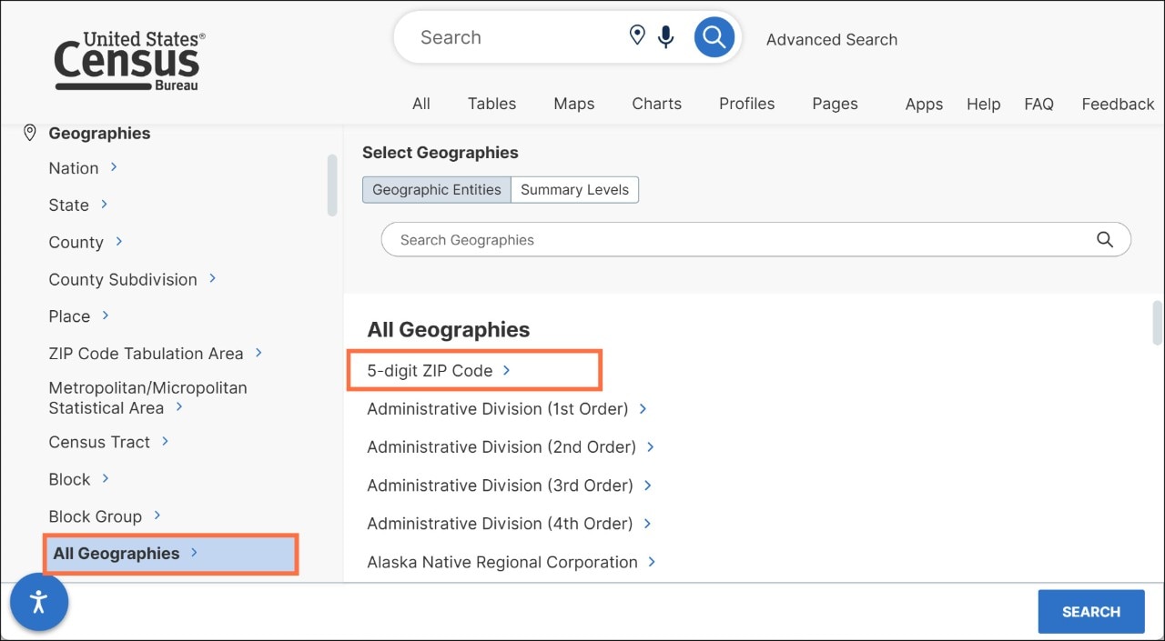 How can I find data for ZIP Codes on data.census.gov? Image