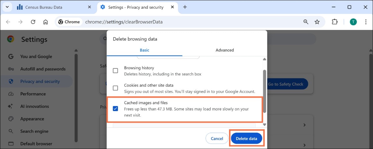 How do I clear the cache in Chrome? Image