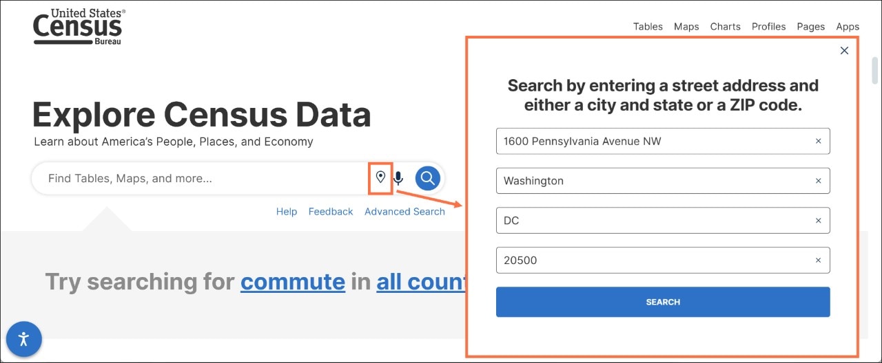 How do I search by address using data.census.gov? Image