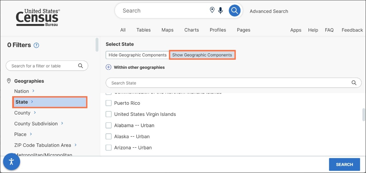 How do I select geographic components such as urban/rural? Image