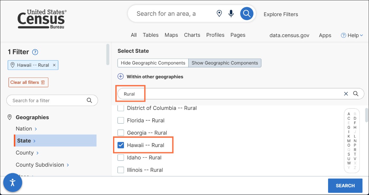 How do I select geographic components such as urban/rural? Image