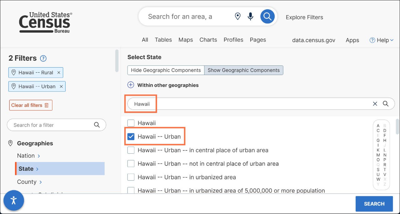 How do I select geographic components such as urban/rural? Image