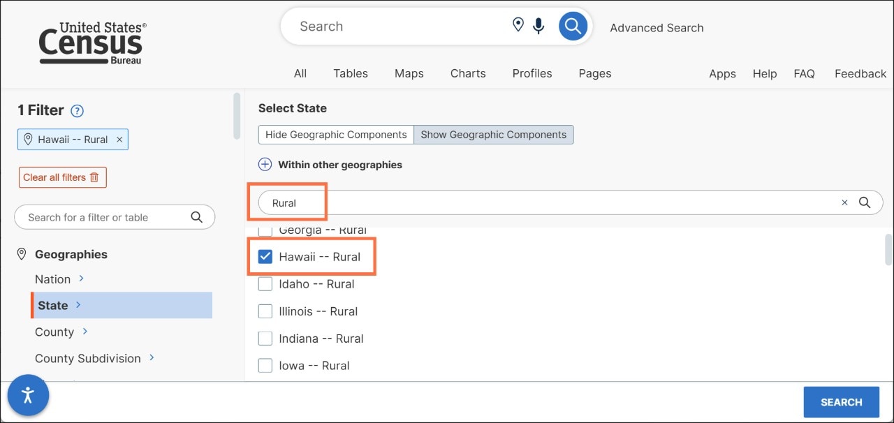 How do I select geographic components such as urban/rural? Image