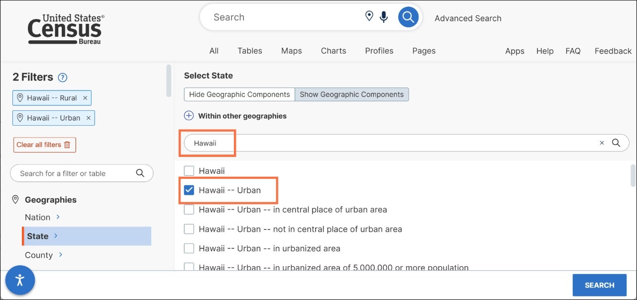 How do I select geographic components such as urban/rural? Image