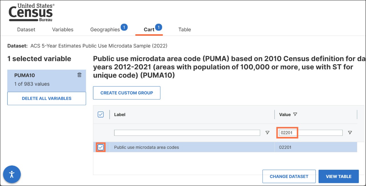 How Do I Select PUMAs on the MDAT for ACS 5-Year Estimates with Dual Vintage PUMAs? Image