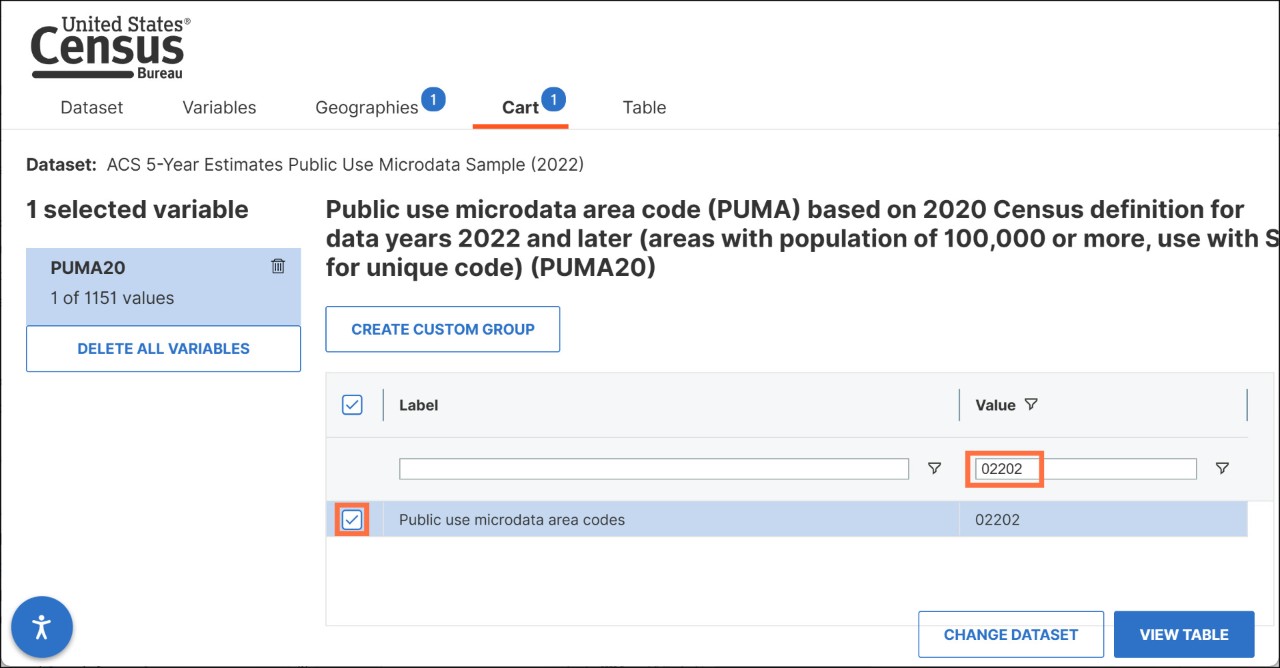 How Do I Select PUMAs on the MDAT for ACS 5-Year Estimates with Dual Vintage PUMAs? Image