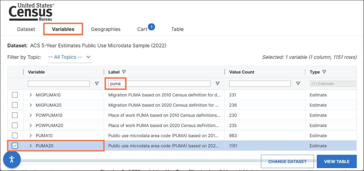 How Do I Select PUMAs on the MDAT for ACS 5-Year Estimates with Dual Vintage PUMAs? Image