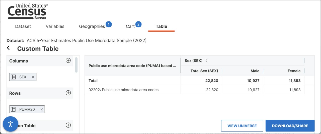 How Do I Select PUMAs on the MDAT for ACS 5-Year Estimates with Dual Vintage PUMAs? Image