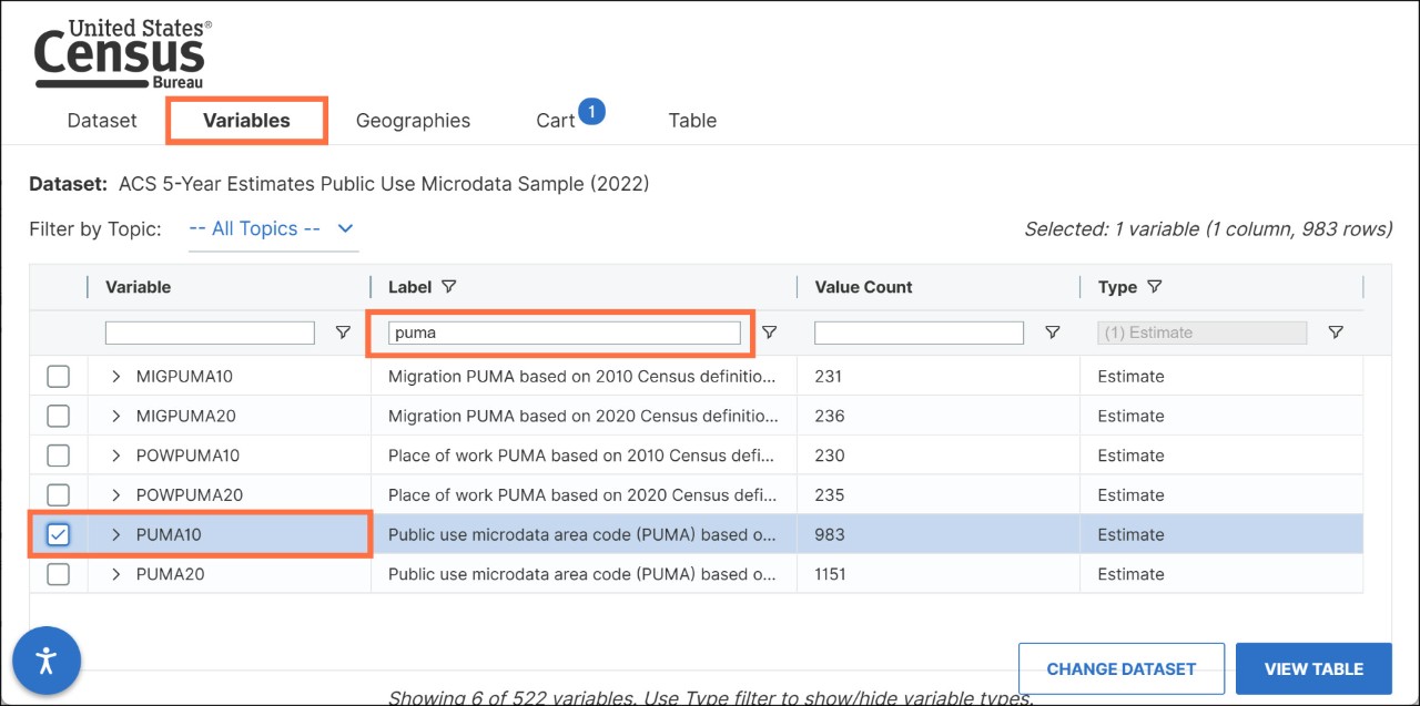 How Do I Select PUMAs on the MDAT for ACS 5-Year Estimates with Dual Vintage PUMAs? Image
