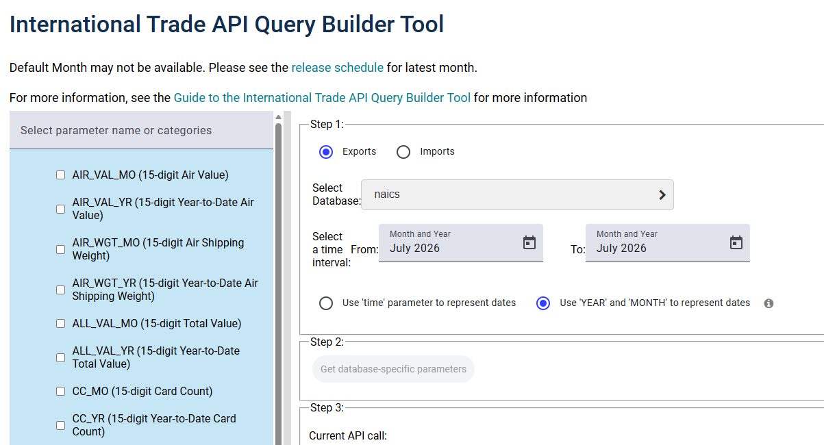 Preview of International Trade API Query Builder Tool