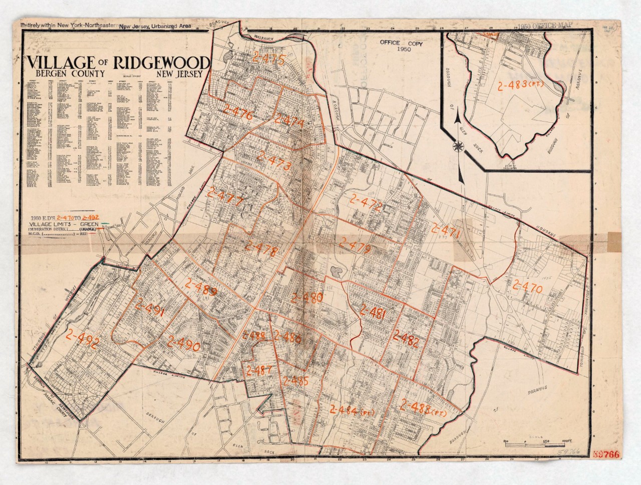 1950 Enumeration District Map for Bergen and Ridgewood, NJ