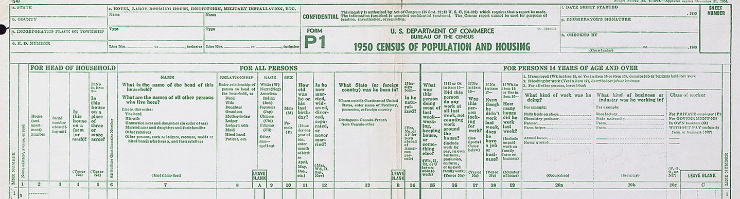 1950 Census Questionnaire Headings