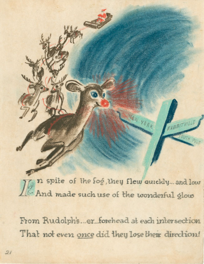 Page from the Rudolph the Red-Nosed Reindeer book courtesy of Rauner Special Collections Library, Dartmouth College