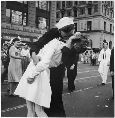 Soldier kissing nurse on VJ Day