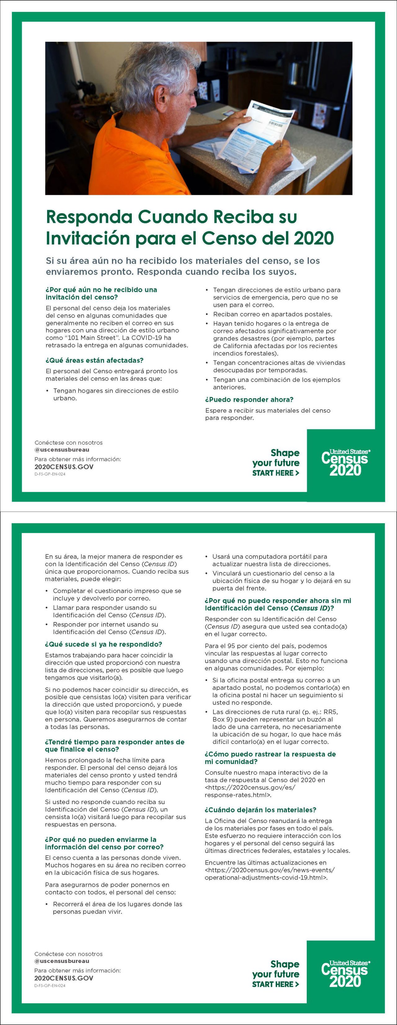 Responda Cuando Reciba su Invitación para el Censo del 2020