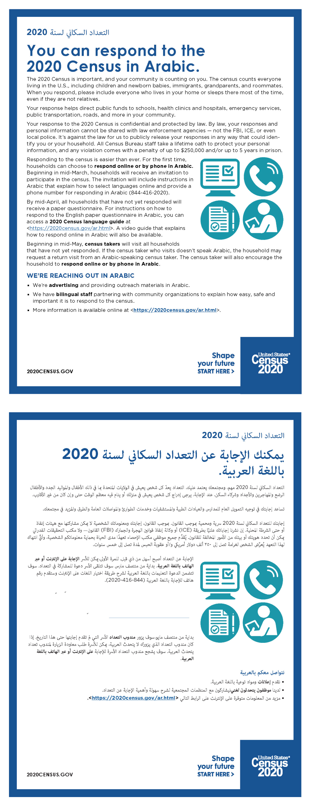 You can respond to the 2020 Census in Arabic. (ﻳﻤﻜﻨﻚ اﻹﺟﺎﺑﺔ ﻋﻦ اﻟﺘﻌﺪاد اﻟﺴﻜﺎني ﻟﺴﻨﺔ2020 ﺑﺎﻟﻠﻐﺔ اﻟﻌﺮﺑﻴﺔ.)