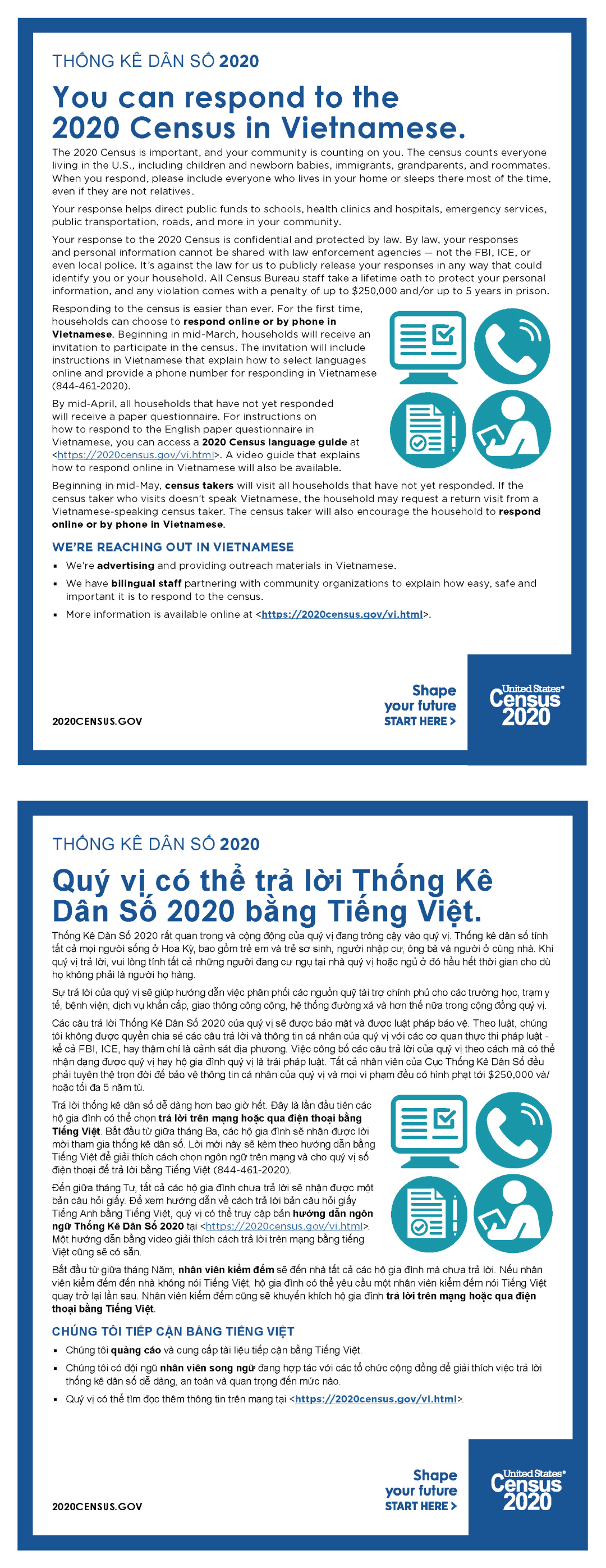 You can respond to the 2020 Census in Vietnamese. (Quý vị có thể trả lời Thống Kê Dân Số 2020 bằng Tiếng Việt.)