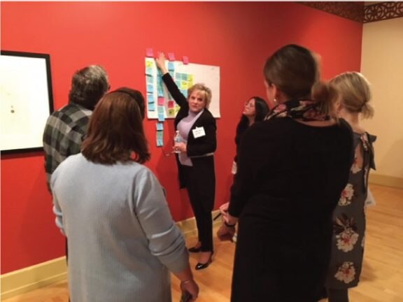 Census Solutions Workshop participants view and discuss their 2020 Census ideas with sticky notes on a wall.