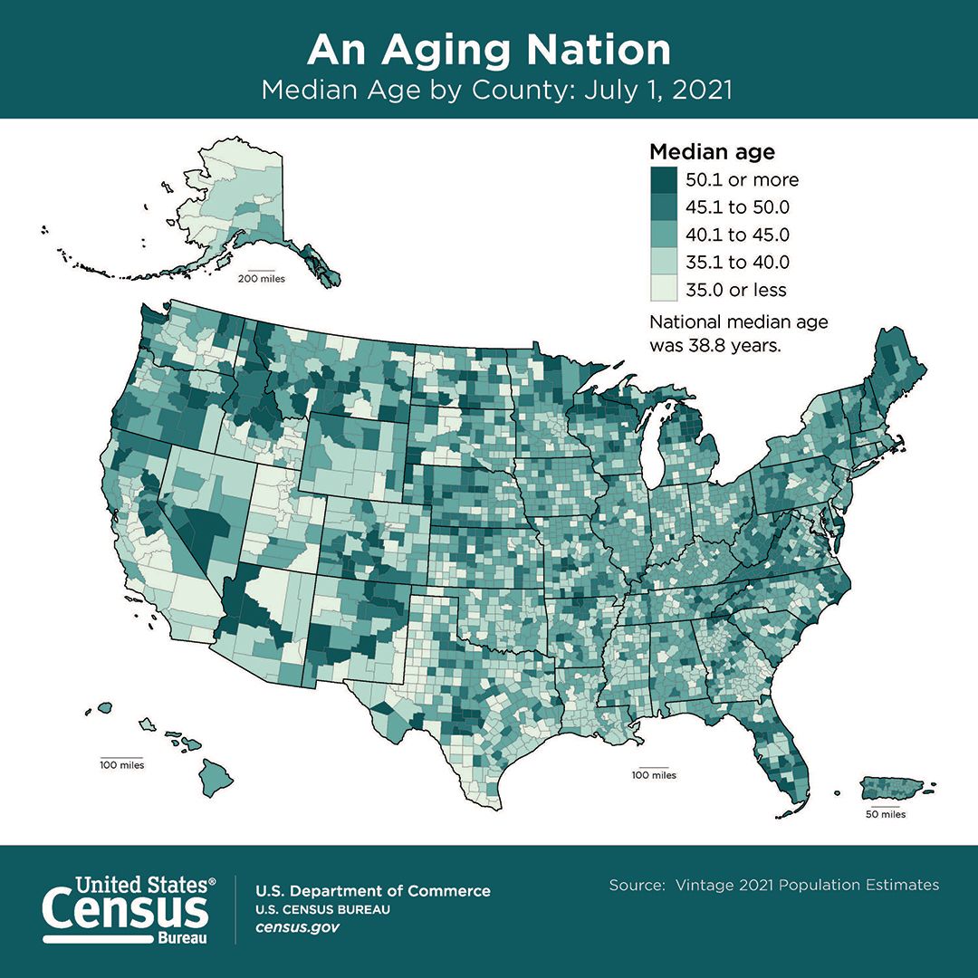 An Aging Nation: Median Age by County: July 1, 2021