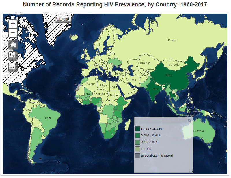 Number of Records Reporting HIV Prevalence, by Country: 1960-2017